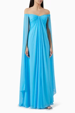 Buy Teri Jon Blue Draped Gown in Chiffon for Women Online | Ounass Kuwait