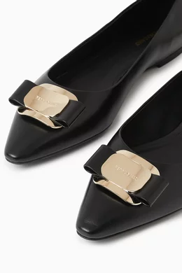 Buy Ferragamo Black New Vara Plate Ballet Flats in Leather for