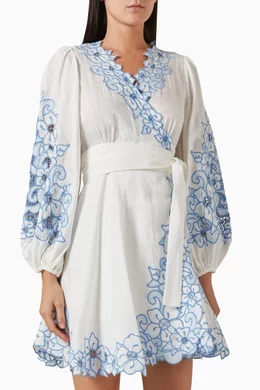 Buy Zimmermann Blue Embroidered Wrap Mini Dress in Linen for Women Online |  Ounass Kuwait
