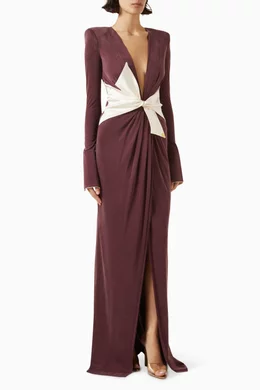 ElisabettaFranchi◆Maxi Dress inDraped Jersey サッシュベルト Buy Elisabetta Franchi Burgundy Sash Belt Maxi Dress in