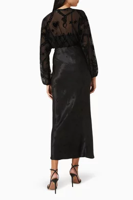 Buy Never Fully Dressed Black Emma Embroidered Midi Dress in Satin 
