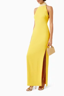 Buy Badgley Mischka Yellow Beaded Halter neck Column Gown in Crepe for Women Online Ounass Kuwait
