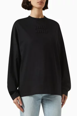 トップス Miu Miu 2024 long sleeves Buy Miu Miu Black Long-sleeve Logo T-shirt in Cotton for Women