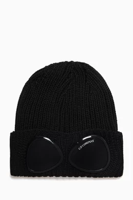 Buy Company Black Logo Goggle Beanie Hat in Wool-knit for Men