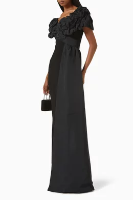 Buy Teri Jon Black Off-shoulder Scrunch Gown in Taffeta Crepe