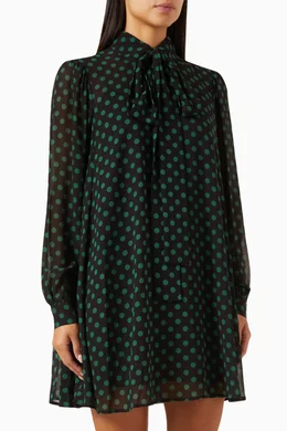 Buy Michael Kors Green Polka-dot Tie-neck Mini Dress in Georgette - Main Image
