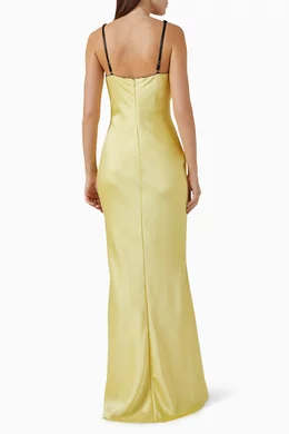 Buy Rasario Yellow Draped Maxi Dress in Satin Velvet for Women