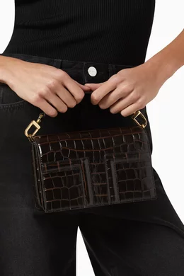 Buy Toteme Brown Mini T-flap Bag in Croc-embossed Leather for