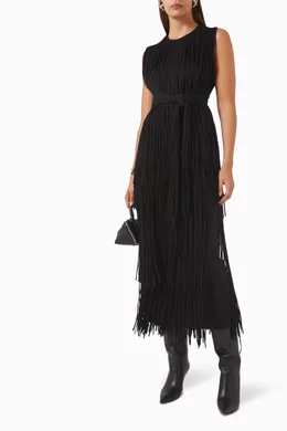 Buy Area Black Fringe Midi Skirt in Stretch Jersey for Women