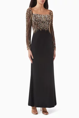 Buy Mac Duggal Black Bead embellished Gown in Jersey for Women Online Ounass Kuwait