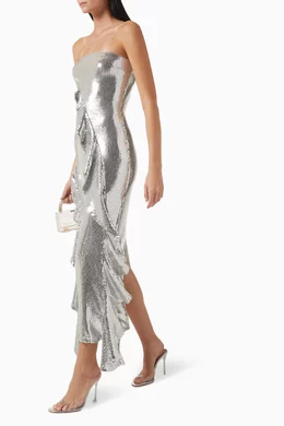 ワンピース ROTATE BIRGER CHRISTENSEN ASYMMETRICAL SILVER DRESS ROTATE BIRGER CHRISTENSEN Sequin Ruffled Asymmetric Dress