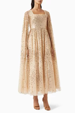 Buy Needle & Thread Gold Sequin-embellished Cape-sleeve Gown in Tulle for  Women Online | Ounass Kuwait