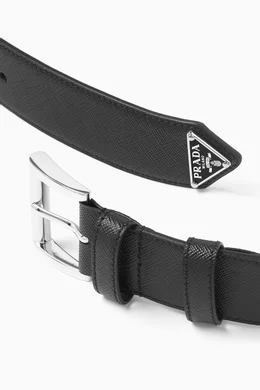 Buy Prada Black Triangle Logo Belt in Saffiano Leather for