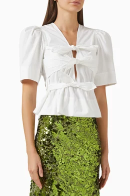 Buy Ganni White Tie-strap Blouse in Organic Cotton Blend for Women 