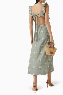 Buy Rosewater House Green Malika Floral-embroidered Dress in Linen for  Women Online | Ounass Kuwait