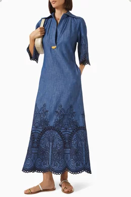 coco embroidered denim dress Coco embroidered denim maxi dress in blue - Zimmermann