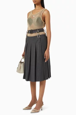 Buy Prada Grey Belted Box Pleat Midi Skirt in Virgin-wool