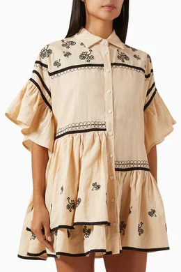 a line midi summer dresses Blue and Ivory Print Midi Summer Dress with Buttons Ivory Blue Stripe Floral / XSmall main image 1