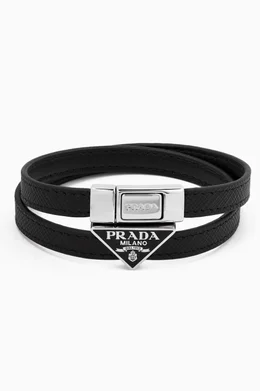 Buy Prada Black Double Logo Bracelet in Leather for Men Online
