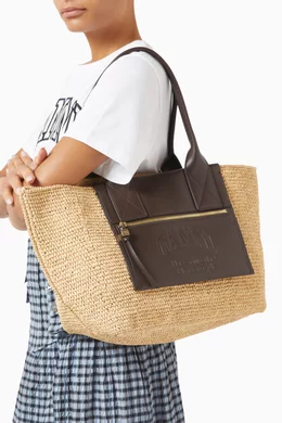 【関税込み】Easy Medium Shopper Bag - Ganni - Raffia - Brown Seal Brown Brown Medium Raffia Tote | GANNI US