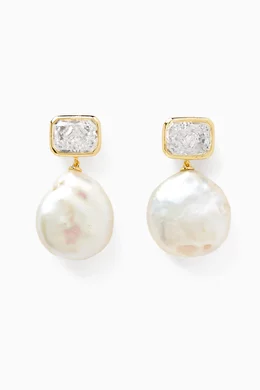 Buy Shashi White Cleo Pearl Earrings in 14kt Gold-plated Brass