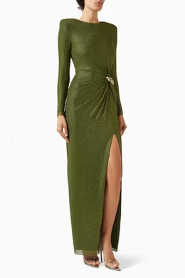 slim fit dress slacks Olive Rhinestone Mesh Midi Dress – self-portrait main image 1
