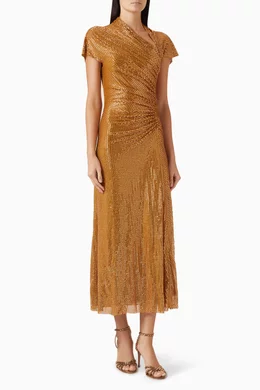 rose gold adrianna papell dress Pink Draped Metallic Foil Long Dress