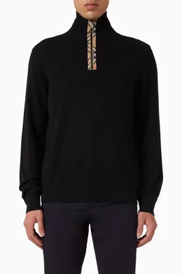 Buy Burberry Black Check Trim Half-zip Sweater in Wool for Men