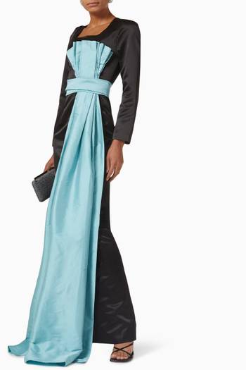 hover state of Long-sleeve Bow Gown in Mikado-satin & Taffeta