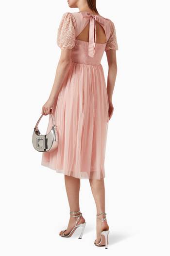hover state of Puff-sleeve Embellished Midi Dress in Tulle
