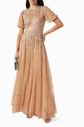 hover state of High Neck Puff Sleeve Embellished Gown
