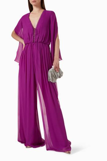 hover state of Chessa Lace-up Neckline Jumpsuit in Silk-Georgette