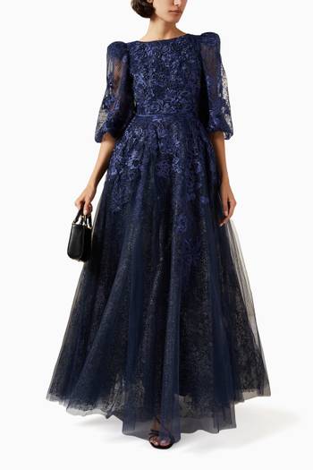 hover state of Embroidered Puff-sleeve Gown in Mesh