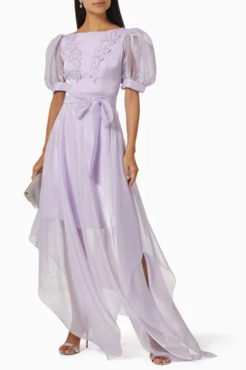 Embroidered Puffed-sleeves Maxi Dress
