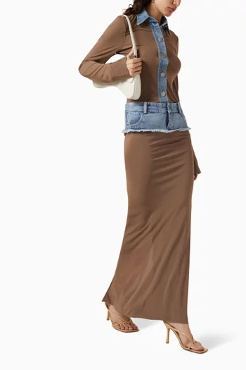 Denim Belt Column Maxi Skirt in Cotton