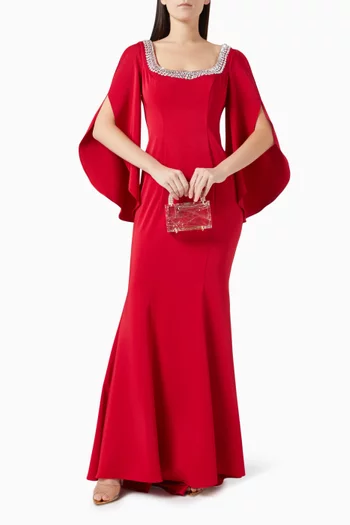 Crystal-trim Cape Sleeves Gown