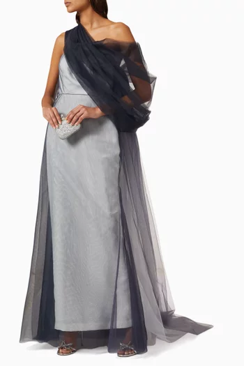 One-shoulder Draped Gown in Tulle & Satin