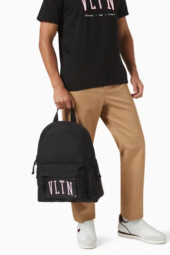 حقيبة ظهر بشعار VLTN بتصميم جامعي نايلون وجلد عجل