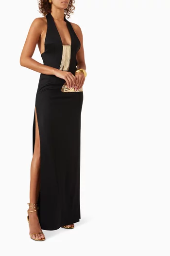 فستان ليكويد طويل بحمالة سلسلة حول الرقبة جيرسيه