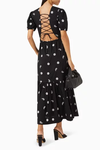 Embroidered Lace-up Dress in Cotton