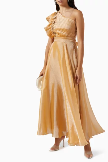 One-shoulder Embellished Maxi Dress in Metallic-tulle