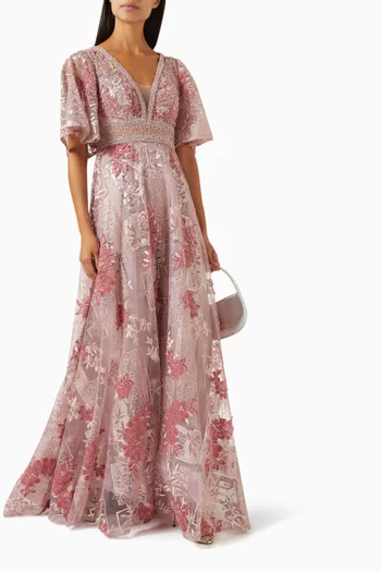 Embellished Flounce-sleeve Gown in Tulle