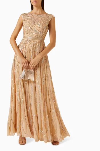 Embellished Illusion Cap-sleeve Gown in Mesh