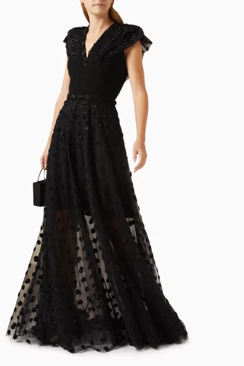 Beaded Polka Dot Maxi Gown in Tulle