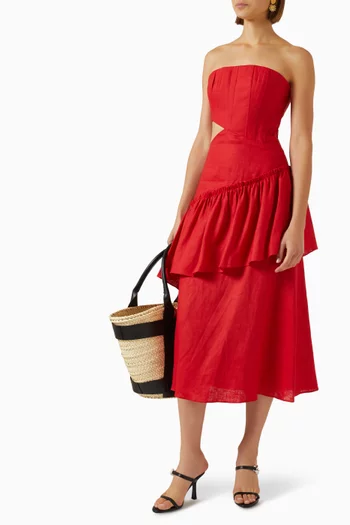 Cut-out Strapless Midi Dress in Linen