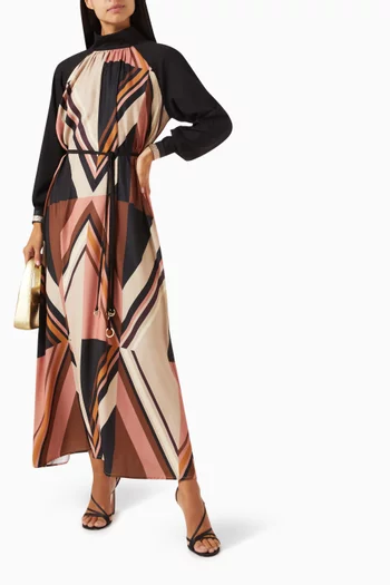 Geometric-print Belted Maxi Dress in Satin