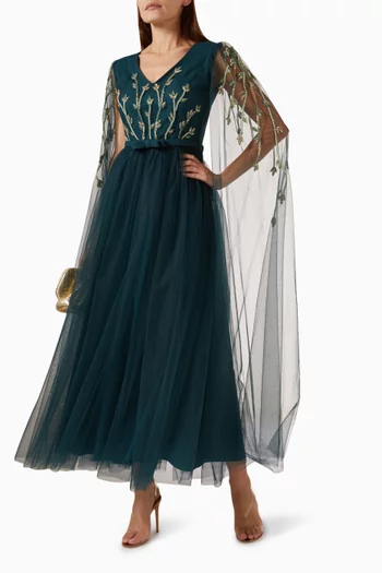 Bead-embellished Maxi Dress in Tulle & Crepe