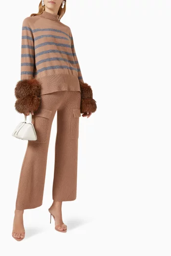 Striped Turtleneck Sweater with Fox Fur Cuffs in Knit