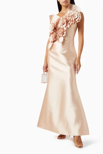 3D Floral Applique Maxi Dress in Satin