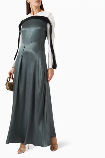 فستان طويل ثلاثي اللون بياقة غير متماثلة فيسكوز